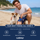Friends in matching Men's Peppermint Pizzazz Custom Dog Face Beach Shorts — a group gift photo
