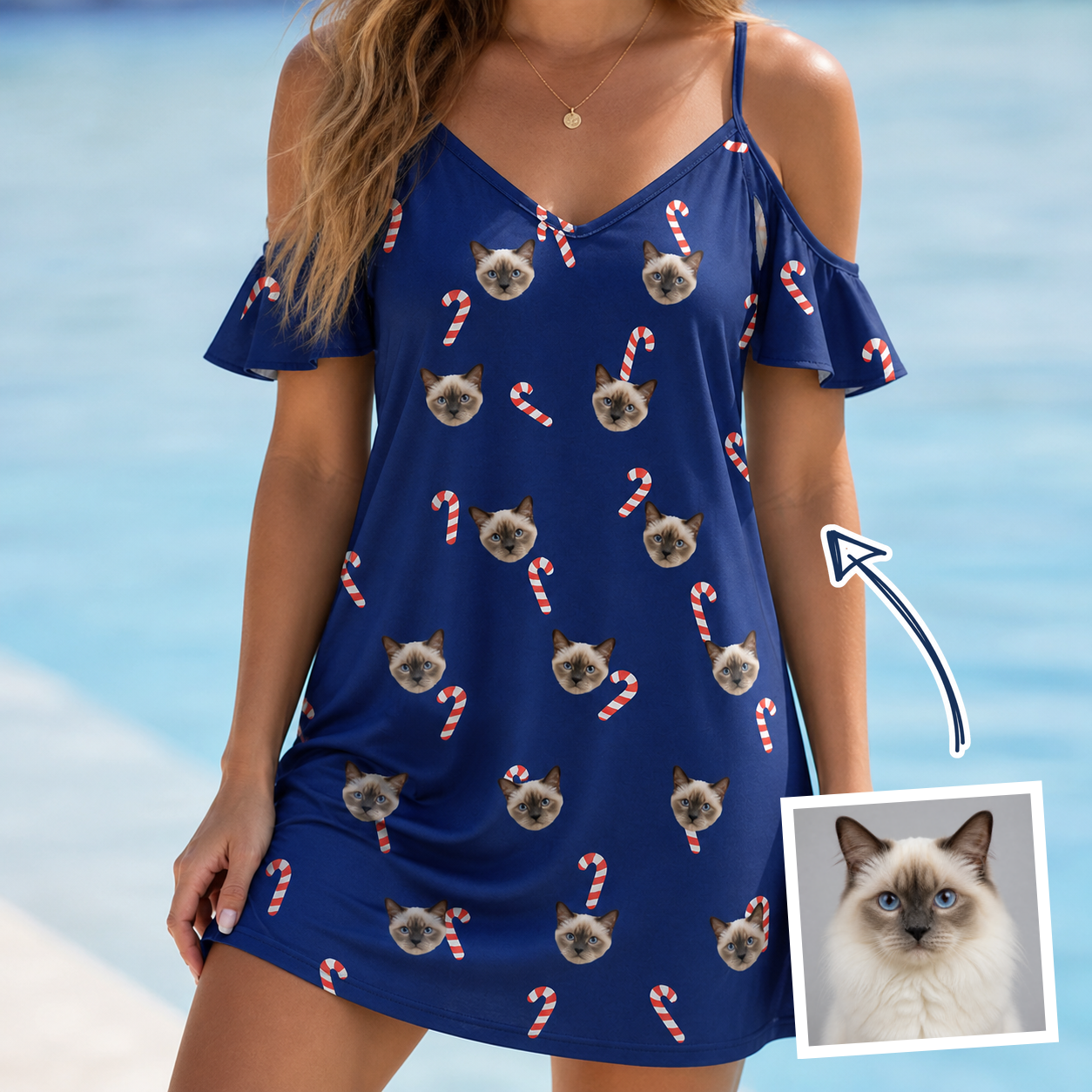 Woman wearing Women's Peppermint Pizzazz Custom Cat Face Off-Shoulder Dress — custom faces printed all-over