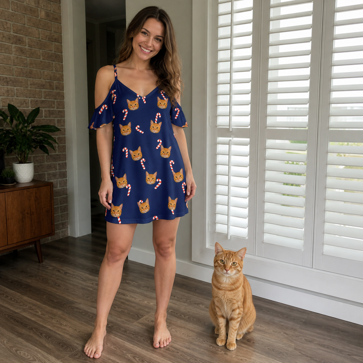 Full-length photo with the pet printed all over this Women's Peppermint Pizzazz Custom Cat Face Off-Shoulder Dress