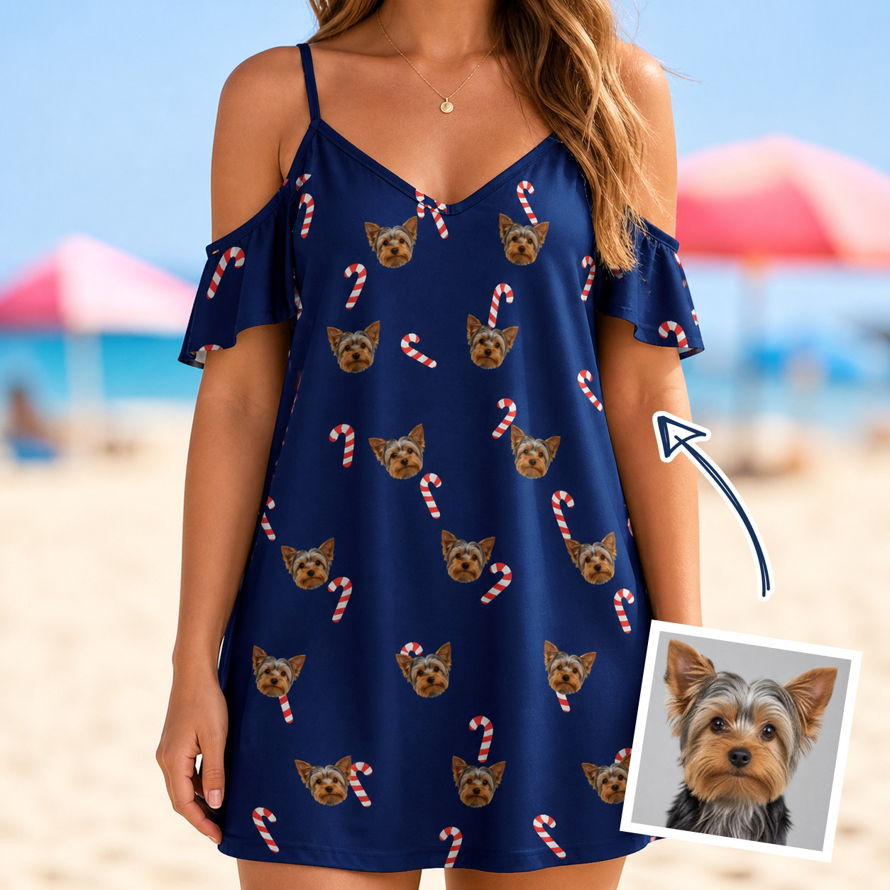 Woman wearing Women's Peppermint Pizzazz Custom Dog Face Off-Shoulder Dress — custom faces printed all-over