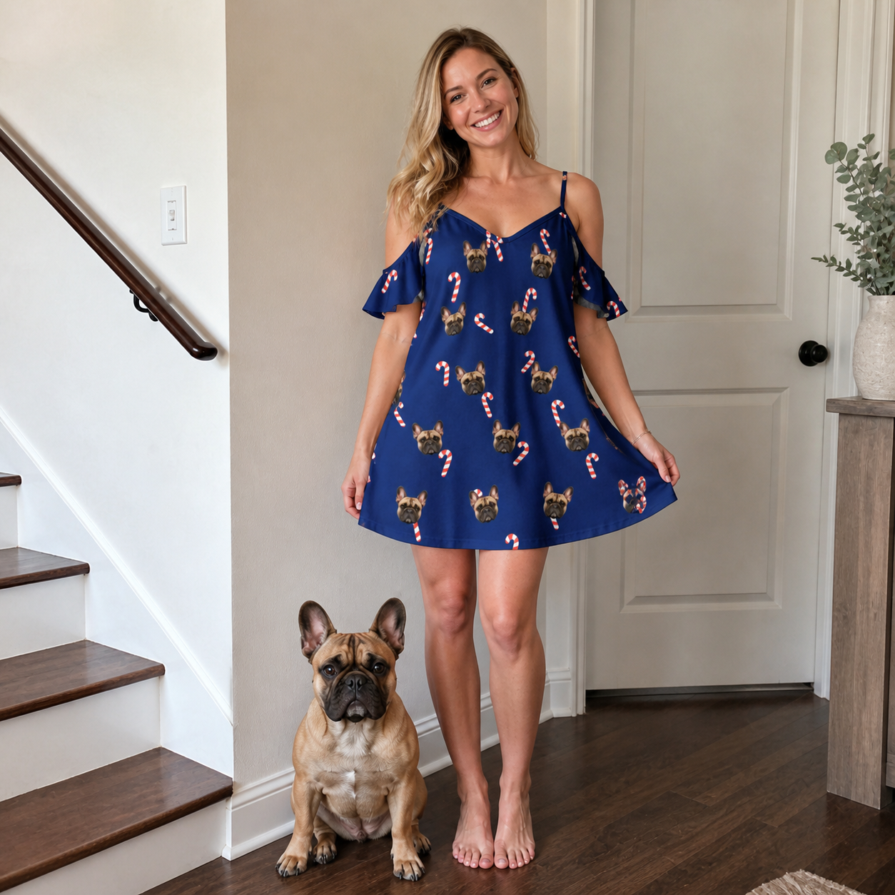 Full-length photo with the pet printed all over this Women's Peppermint Pizzazz Custom Dog Face Off-Shoulder Dress