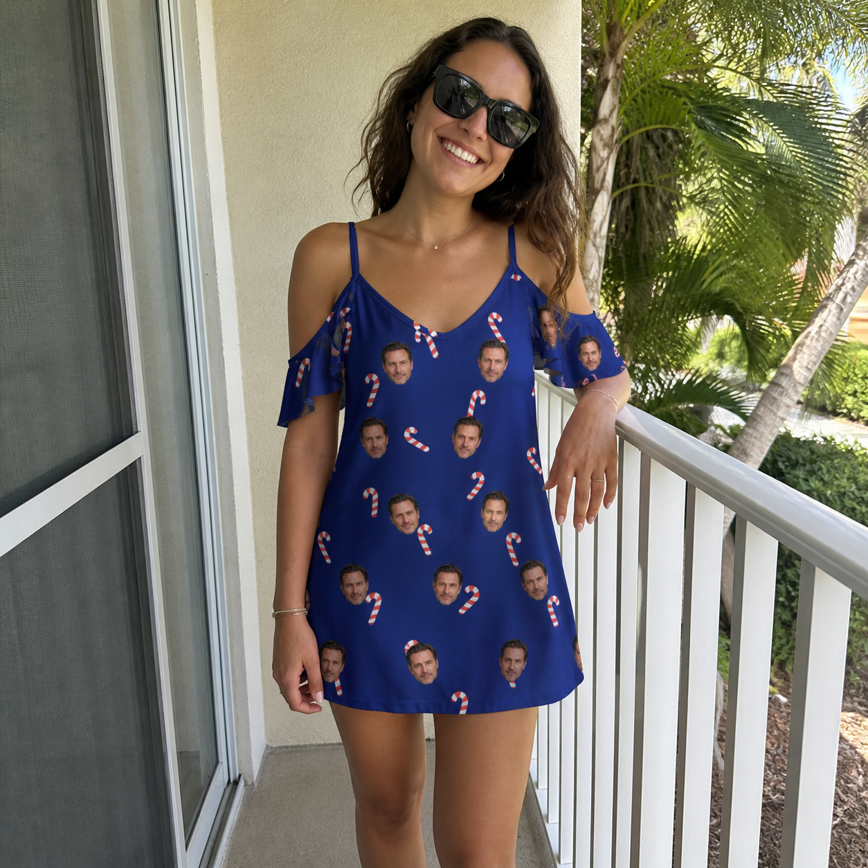 Real-life photo of someone wearing Women's Peppermint Pizzazz Custom Face Off-Shoulder Dress — custom faces printed all-over