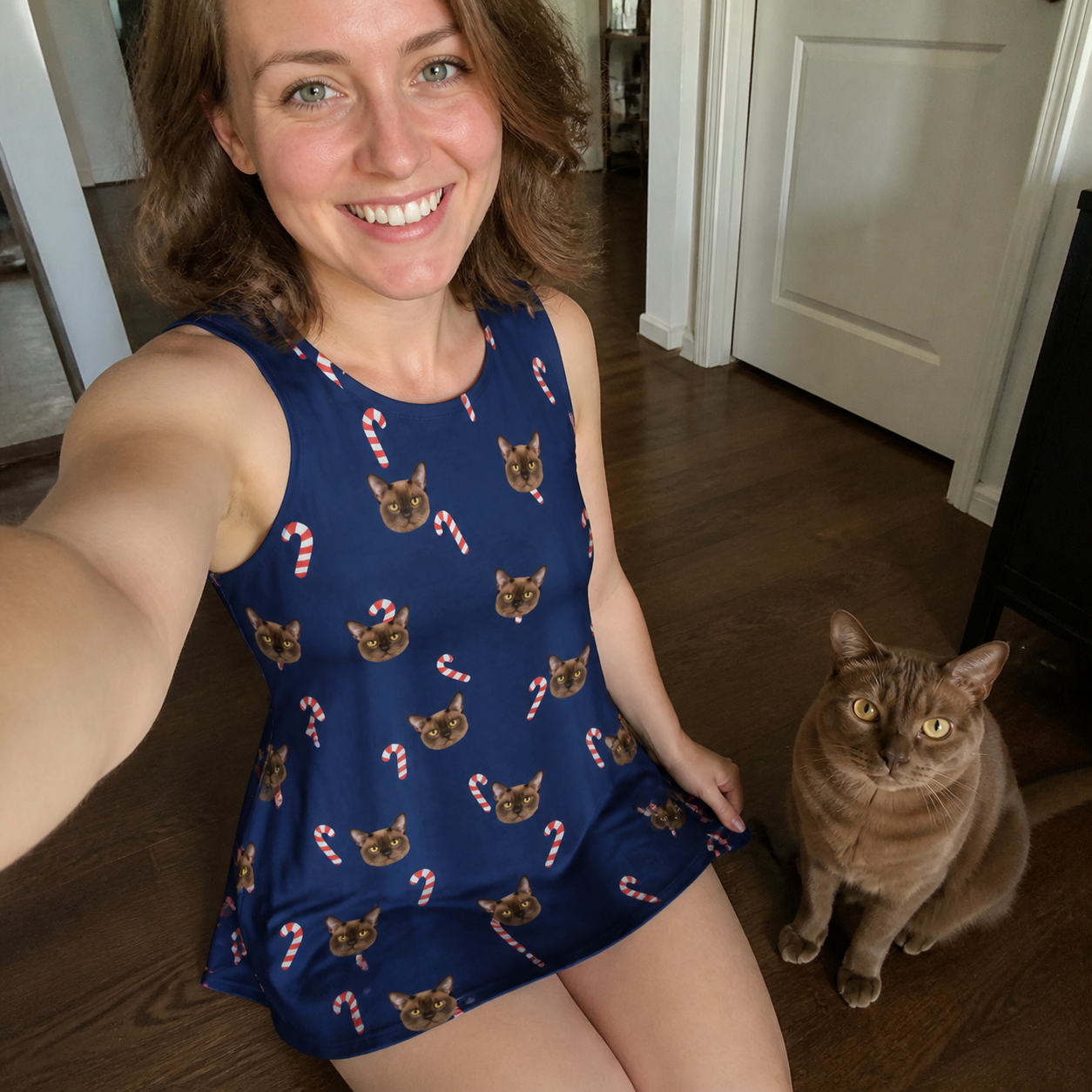 Selfie with the pet whose face is printed all over this Women's Peppermint Pizzazz Custom Cat Face Tank Dress
