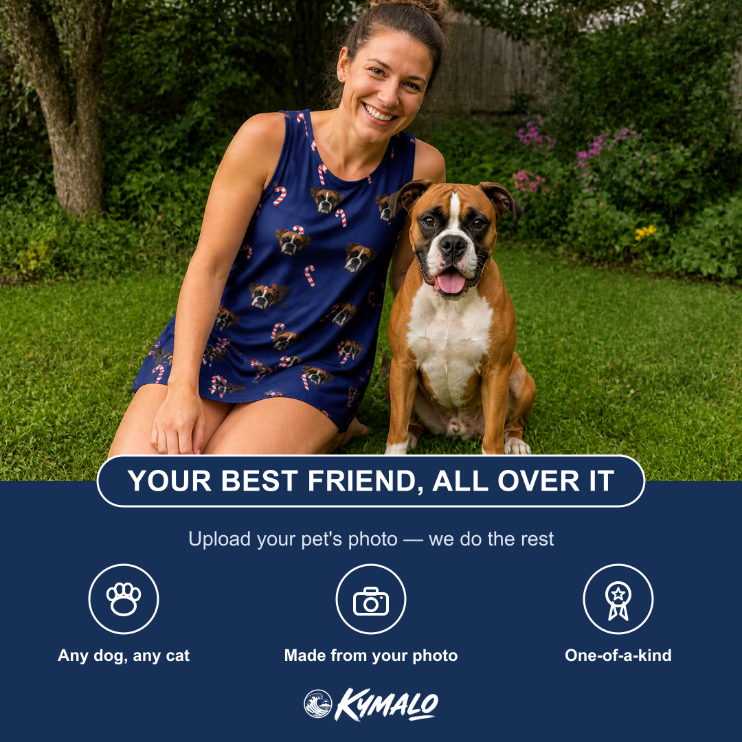 Friends in matching Women's Peppermint Pizzazz Custom Dog Face Tank Dress — a group gift photo