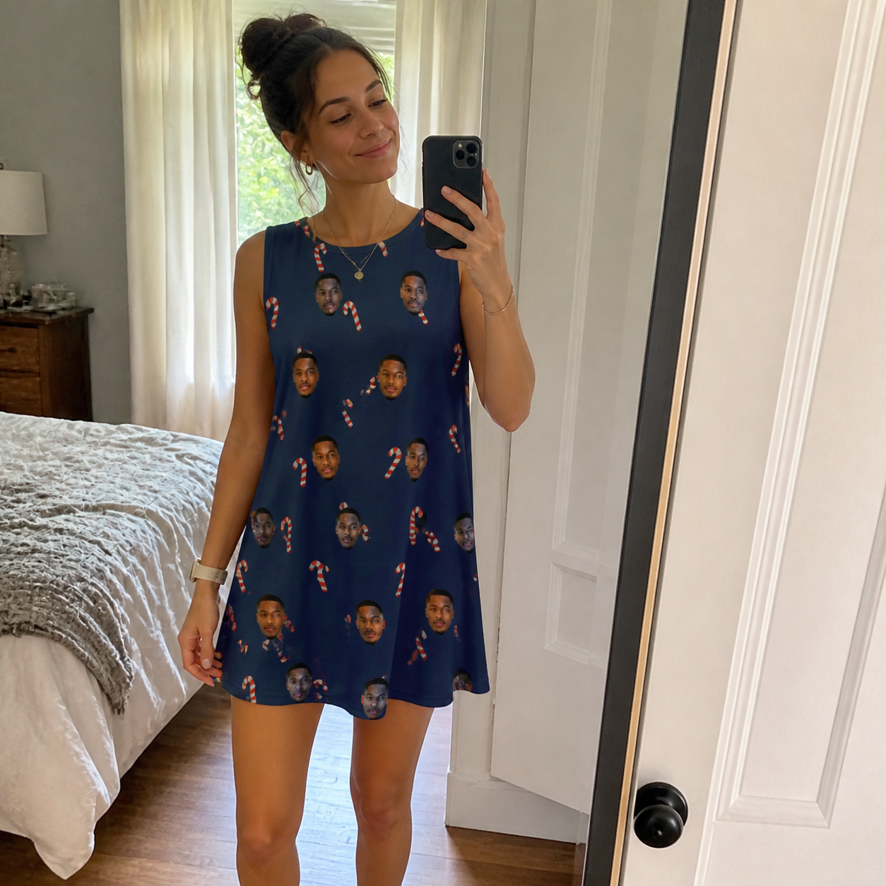 Real-life photo of someone wearing Women's Peppermint Pizzazz Custom Face Tank Dress — custom faces printed all-over