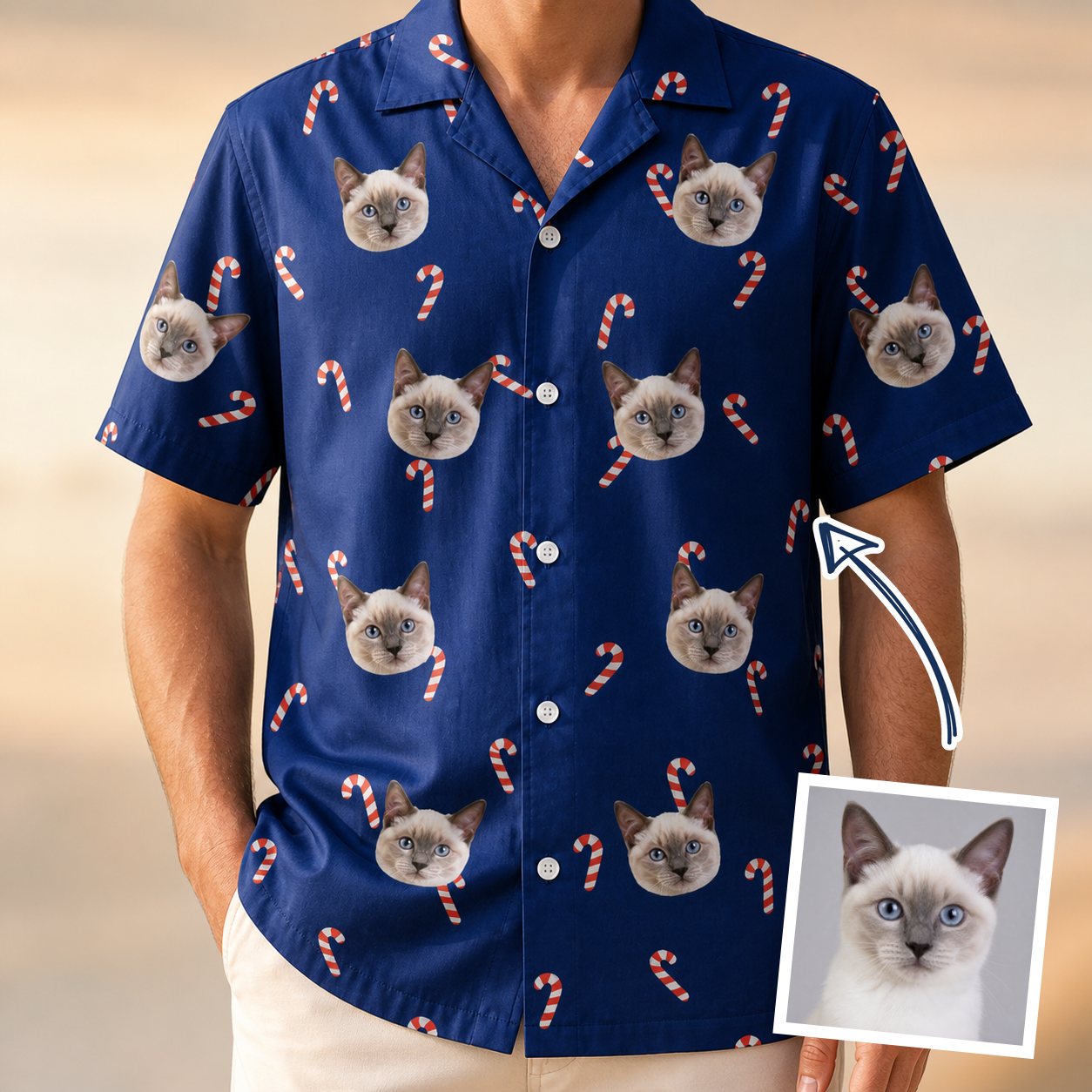 Man wearing Men's Peppermint Pizzazz Custom Cat Face Hawaiian Shirt — custom faces printed all-over