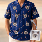 Man wearing Men's Peppermint Pizzazz Custom Cat Face Hawaiian Shirt — custom faces printed all-over