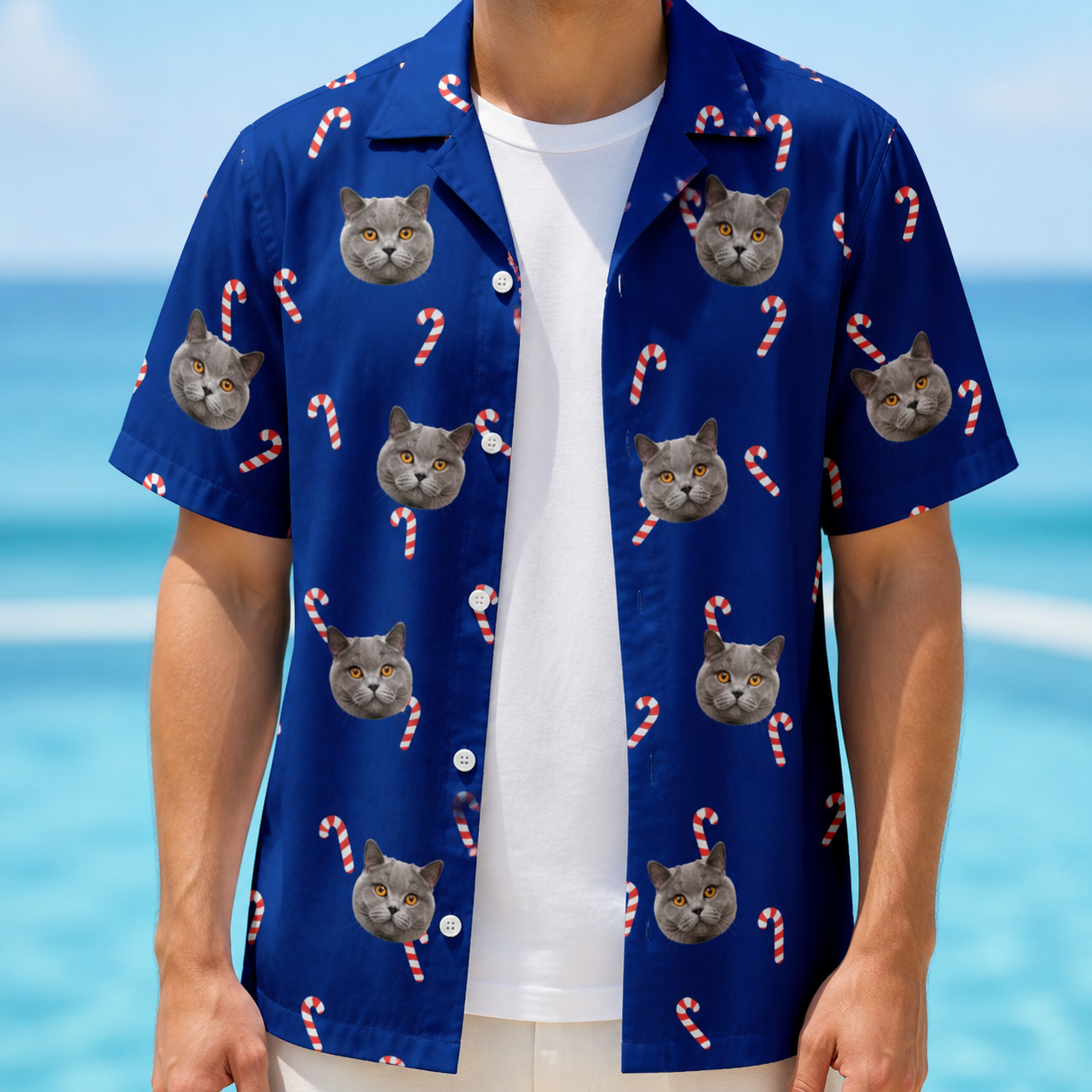Man wearing Men's Peppermint Pizzazz Custom Cat Face Hawaiian Shirt open over a white tee
