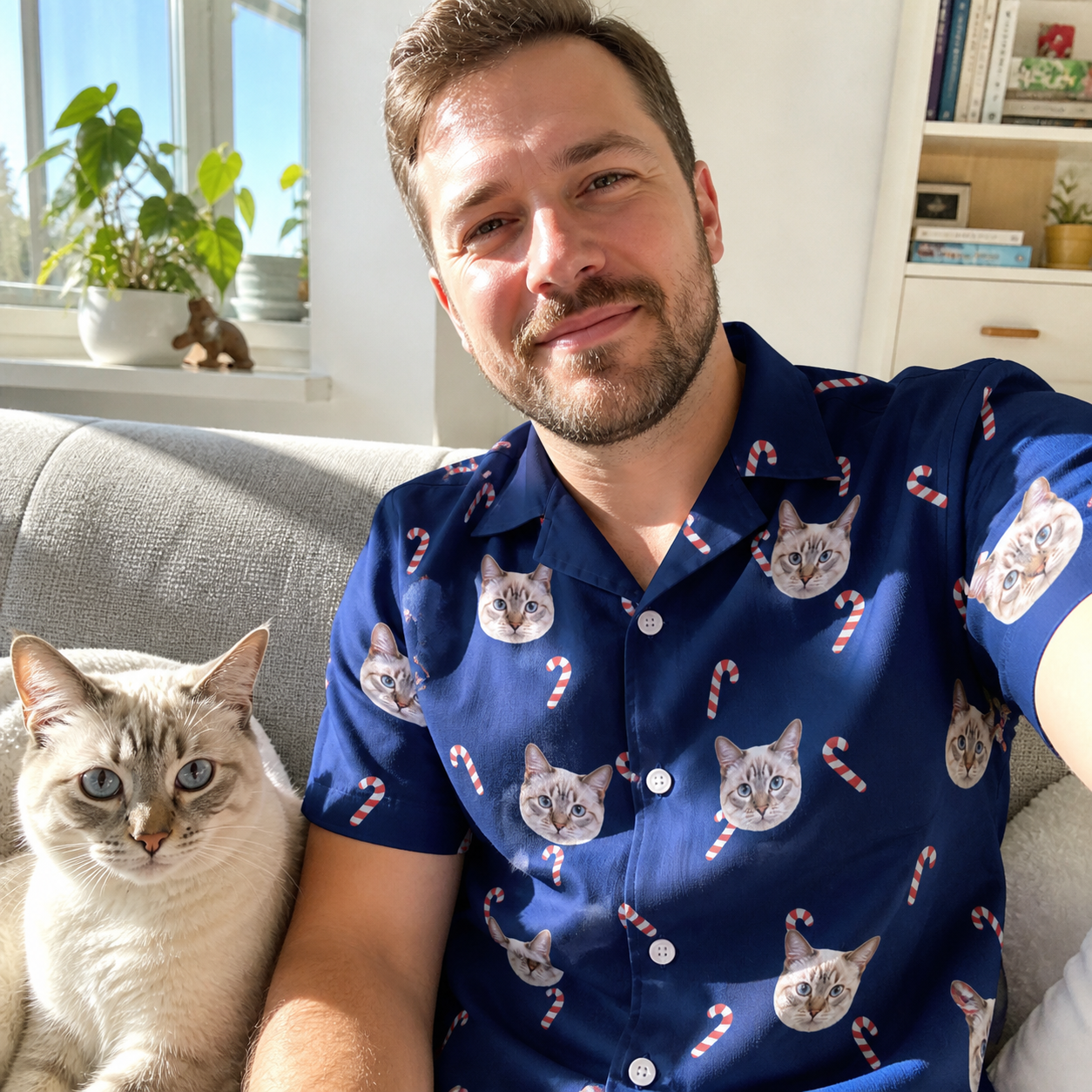Selfie with the pet whose face is printed all over this Men's Peppermint Pizzazz Custom Cat Face Hawaiian Shirt