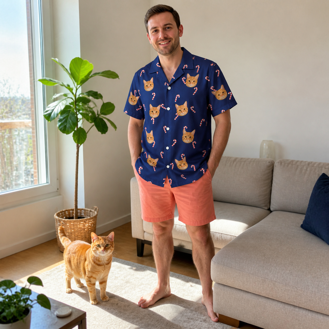 Full-length photo with the pet printed all over this Men's Peppermint Pizzazz Custom Cat Face Hawaiian Shirt