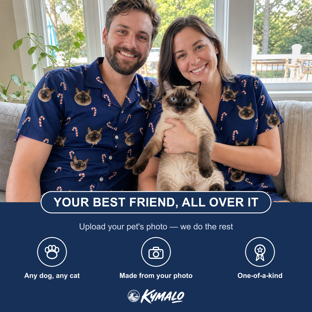 Friends in matching Men's Peppermint Pizzazz Custom Cat Face Hawaiian Shirt — a group gift photo