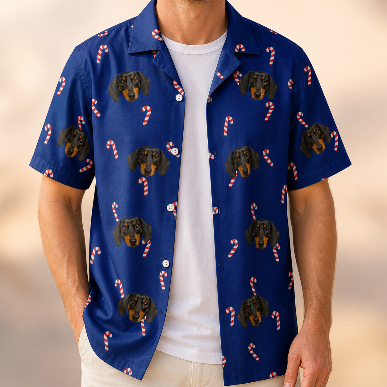 Man wearing Men's Peppermint Pizzazz Custom Dog Face Hawaiian Shirt open over a white tee