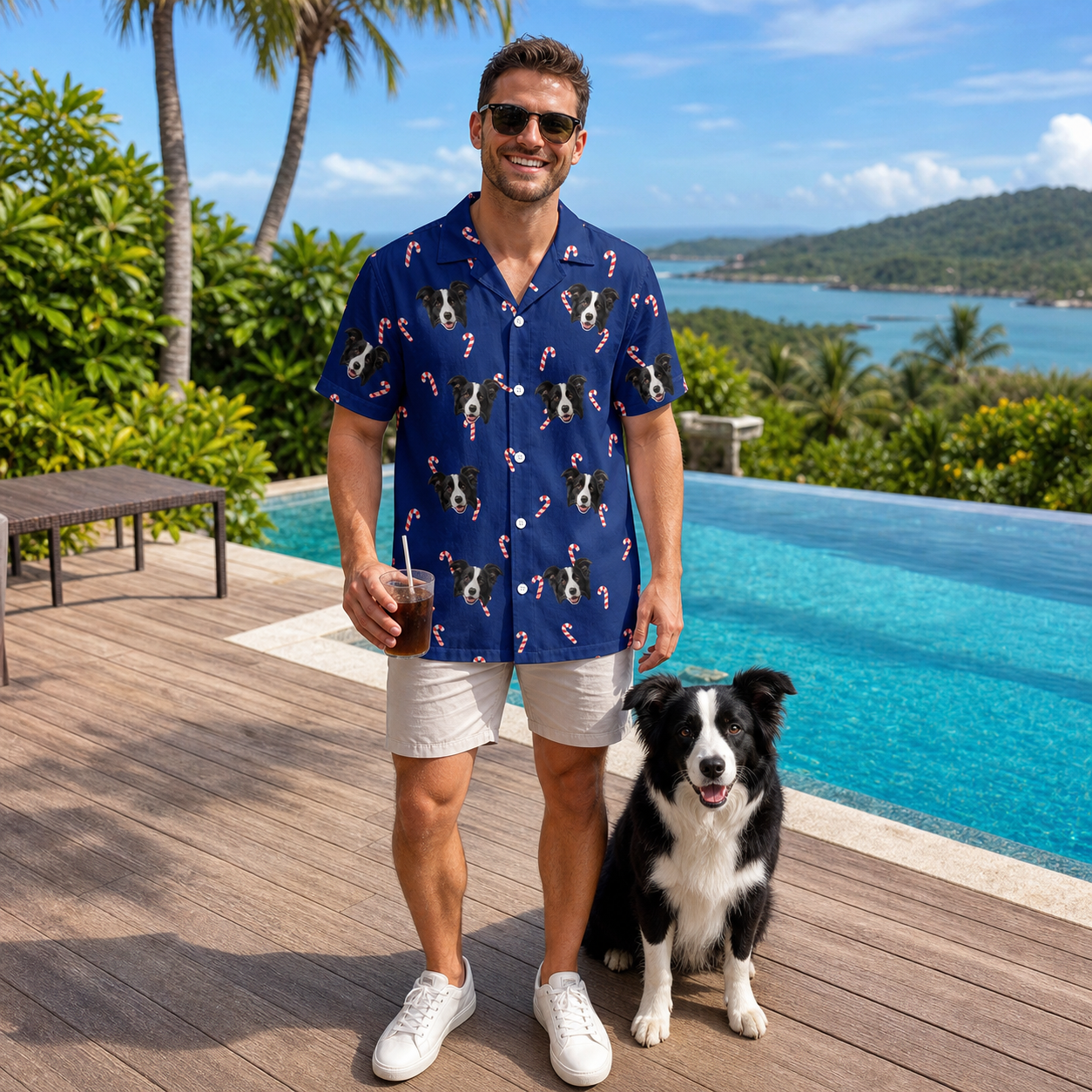 Full-length photo with the pet printed all over this Men's Peppermint Pizzazz Custom Dog Face Hawaiian Shirt