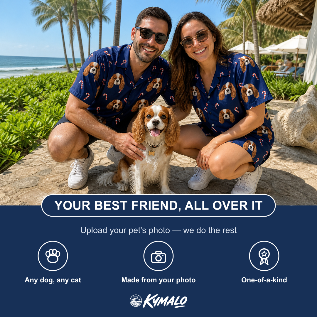 Friends in matching Men's Peppermint Pizzazz Custom Dog Face Hawaiian Shirt — a group gift photo