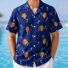 Model wearing Men's Peppermint Pizzazz Custom Face Hawaiian Shirt printed with kids' faces