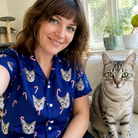 Selfie with the pet whose face is printed all over this Women's Peppermint Pizzazz Custom Cat Face Hawaiian Shirt