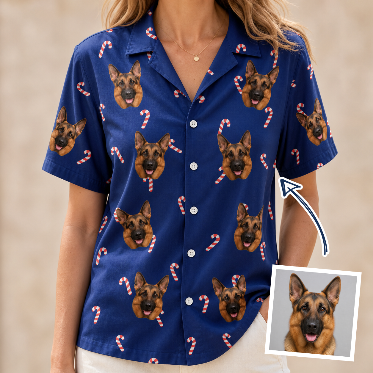 Woman wearing Women's Peppermint Pizzazz Custom Dog Face Hawaiian Shirt — custom faces printed all-over