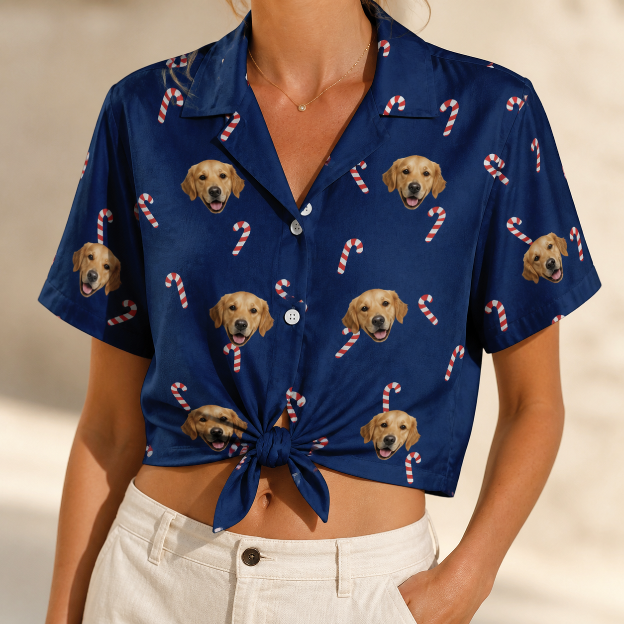 Woman wearing Women's Peppermint Pizzazz Custom Dog Face Hawaiian Shirt tied at the waist