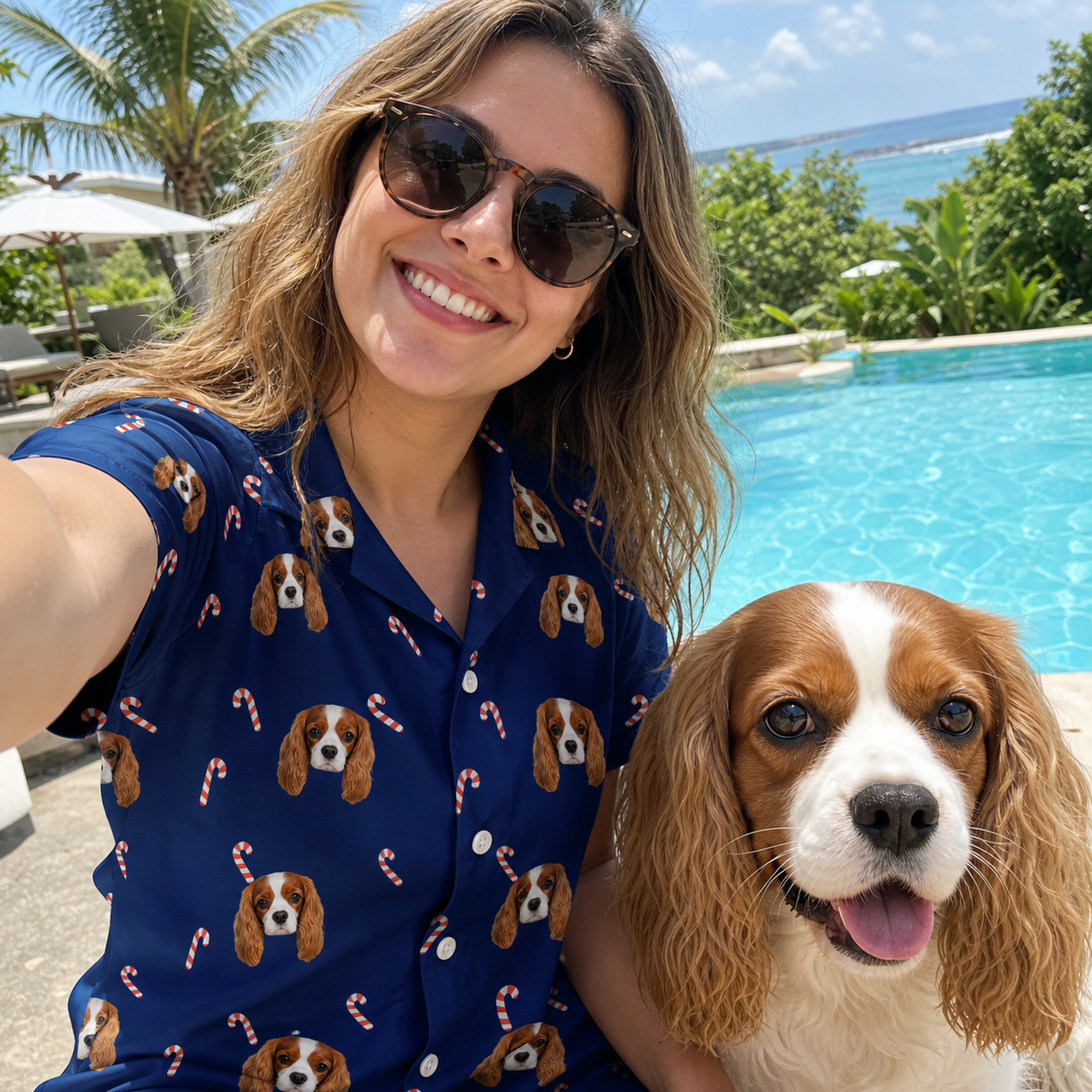 Selfie with the pet whose face is printed all over this Women's Peppermint Pizzazz Custom Dog Face Hawaiian Shirt