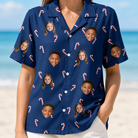 Model wearing Women's Peppermint Pizzazz Custom Face Hawaiian Shirt printed with kids' faces