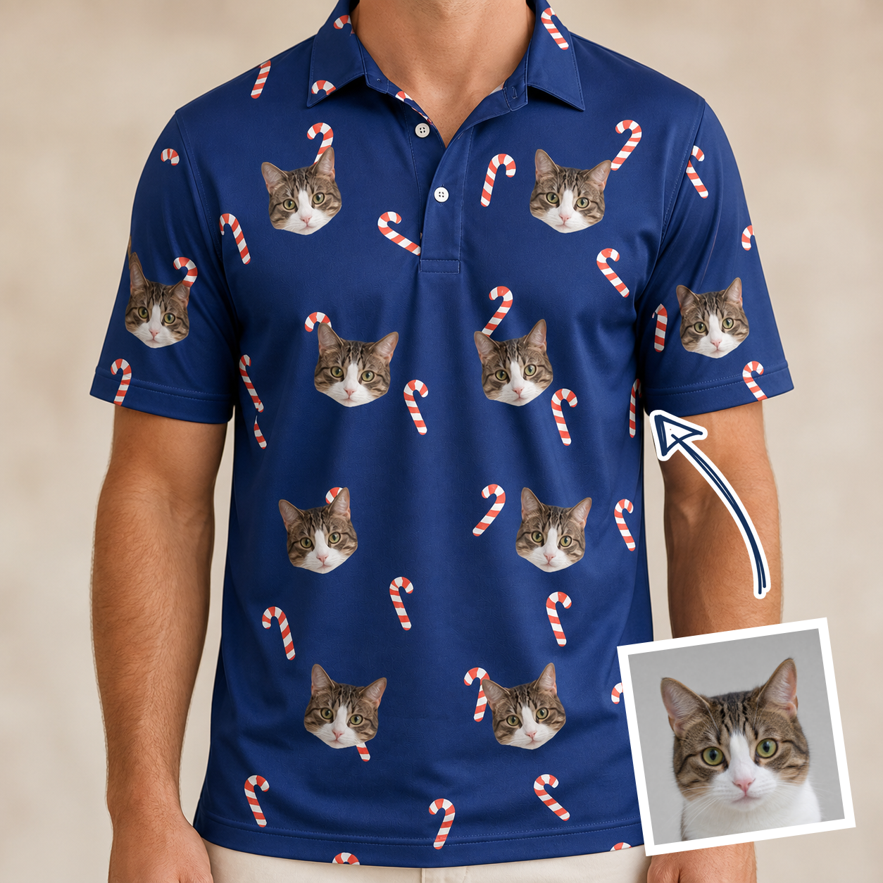Man wearing Men's Peppermint Pizzazz Custom Cat Face Polo Shirt — custom faces printed all-over