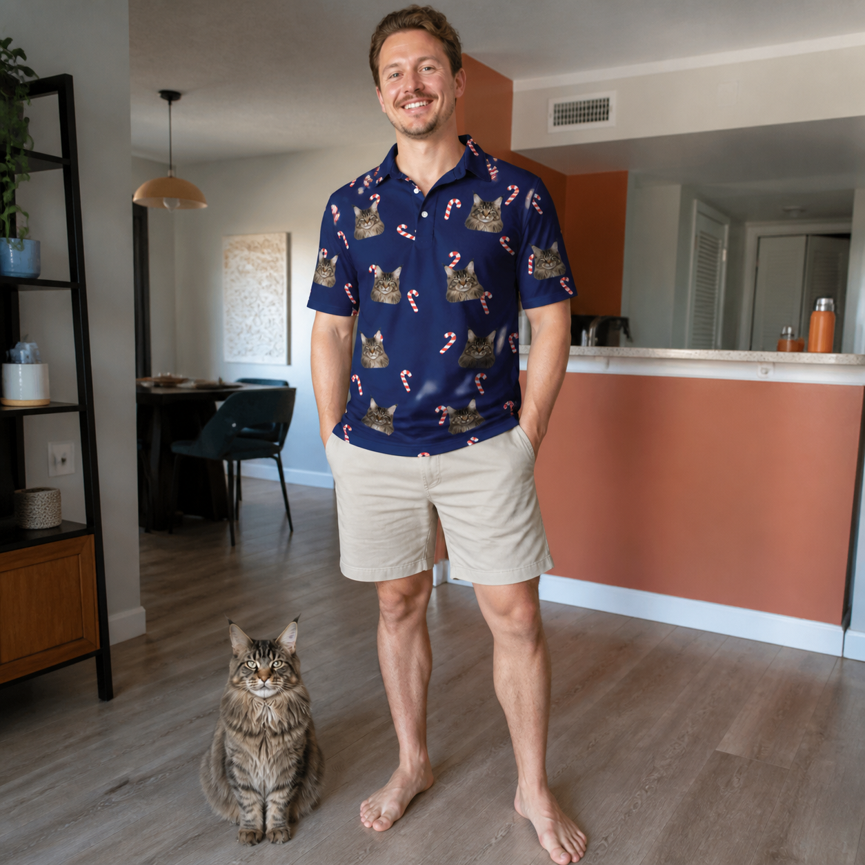 Full-length photo with the pet printed all over this Men's Peppermint Pizzazz Custom Cat Face Polo Shirt