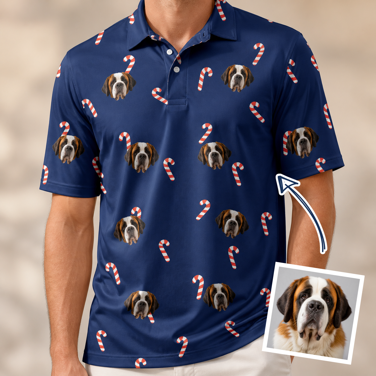 Man wearing Men's Peppermint Pizzazz Custom Dog Face Polo Shirt — custom faces printed all-over