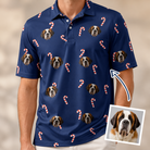 Man wearing Men's Peppermint Pizzazz Custom Dog Face Polo Shirt — custom faces printed all-over