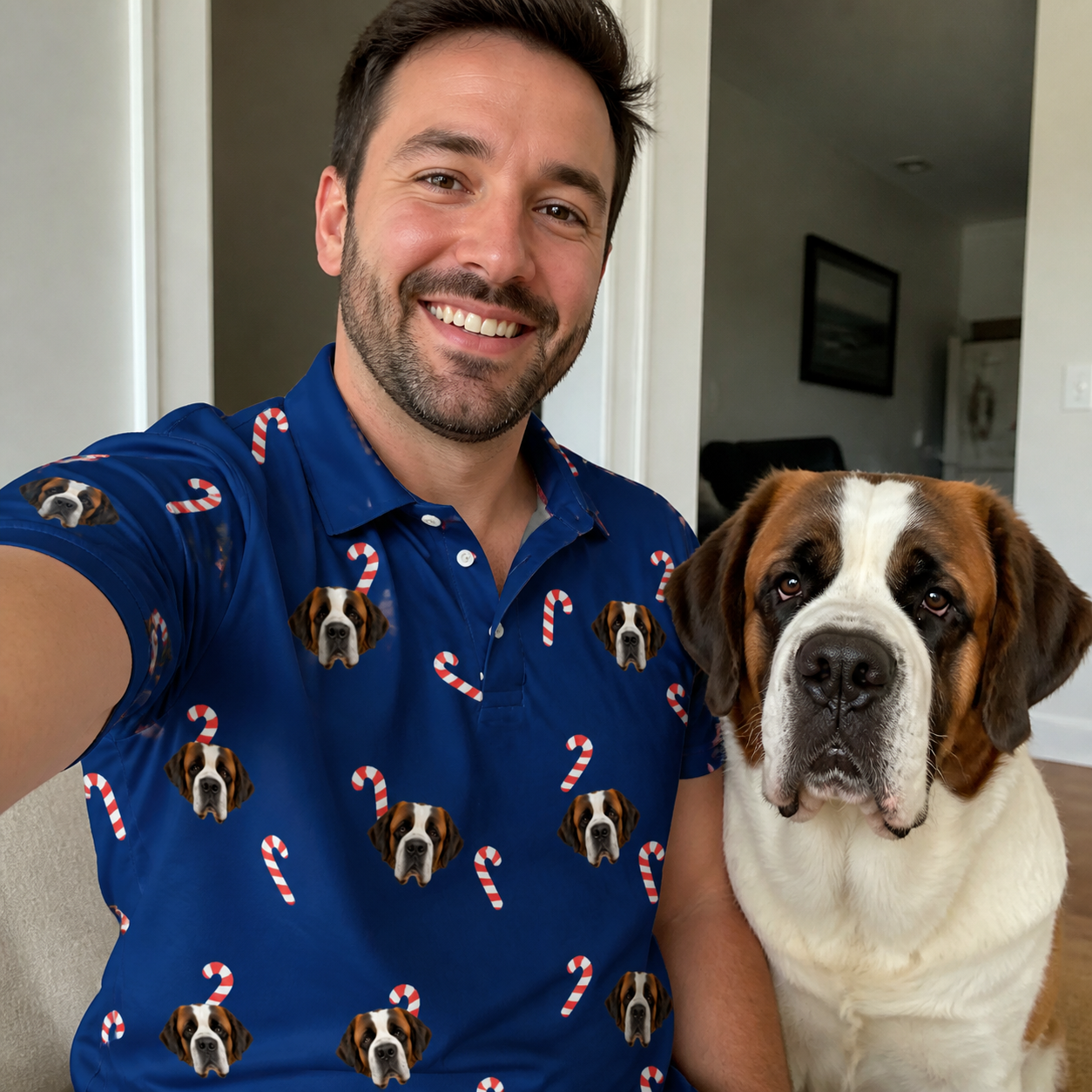 Selfie with the pet whose face is printed all over this Men's Peppermint Pizzazz Custom Dog Face Polo Shirt