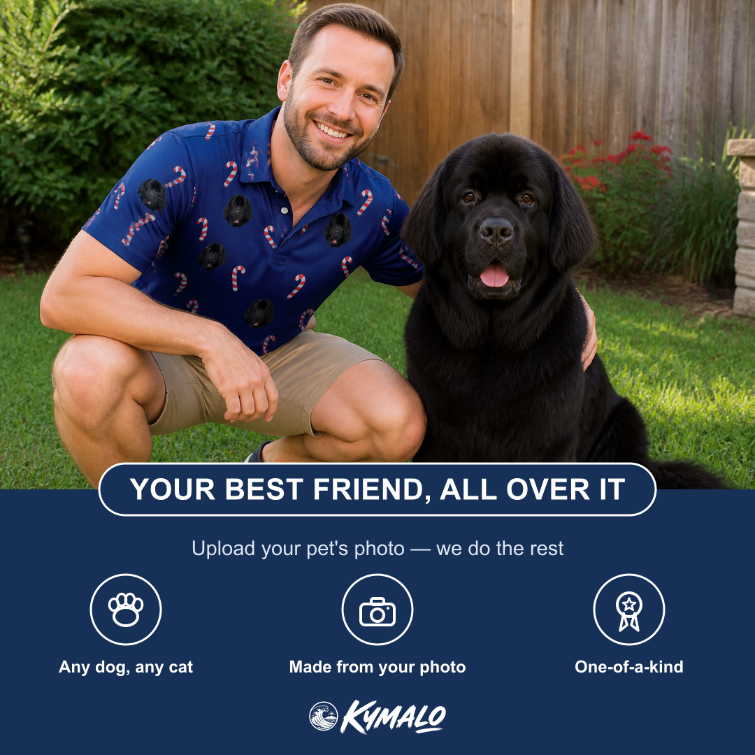 Friends in matching Men's Peppermint Pizzazz Custom Dog Face Polo Shirt — a group gift photo