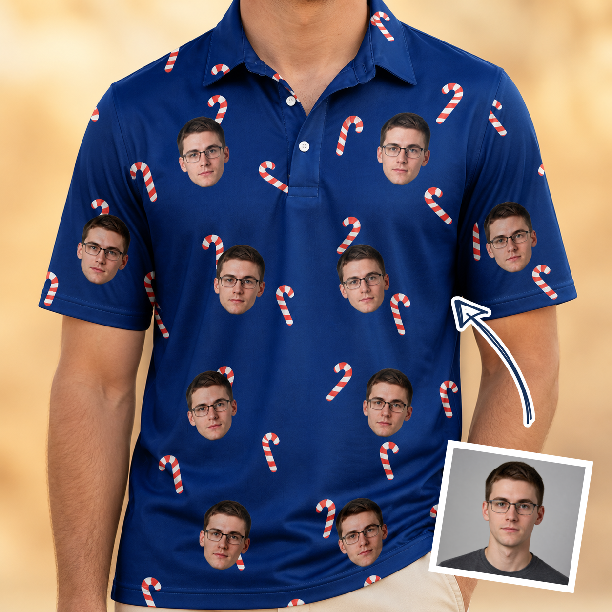 Man wearing Men's Peppermint Pizzazz Custom Face Polo Shirt — custom faces printed all-over