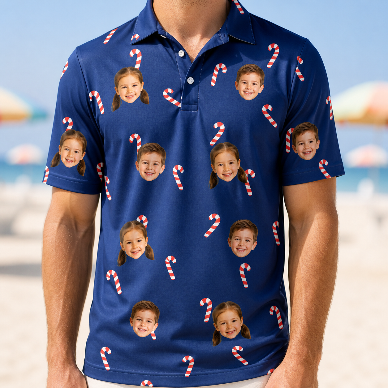 Model wearing Men's Peppermint Pizzazz Custom Face Polo Shirt printed with kids' faces