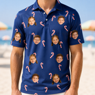 Model wearing Men's Peppermint Pizzazz Custom Face Polo Shirt printed with kids' faces