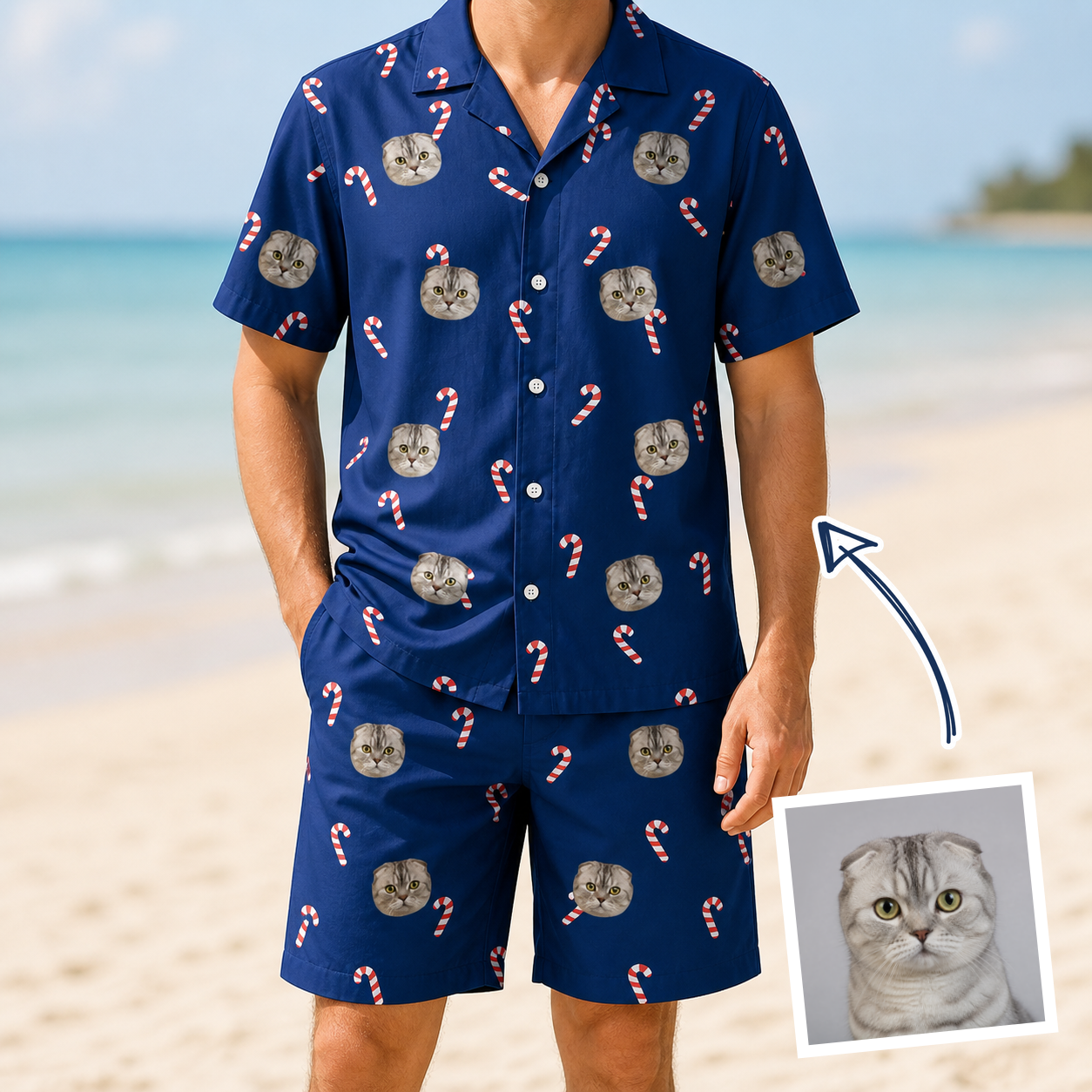 Man wearing Men's Peppermint Pizzazz Custom Cat Face Shirt & Shorts Set — custom faces printed all-over