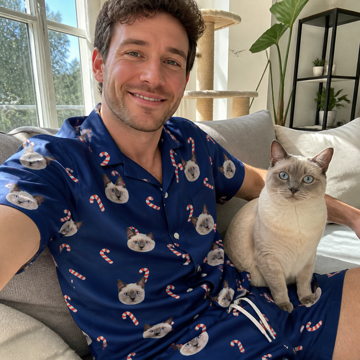 Selfie with the pet whose face is printed all over this Men's Peppermint Pizzazz Custom Cat Face Shirt & Shorts Set