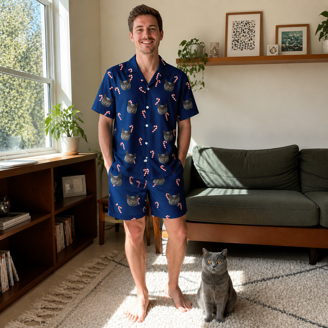 Full-length photo with the pet printed all over this Men's Peppermint Pizzazz Custom Cat Face Shirt & Shorts Set