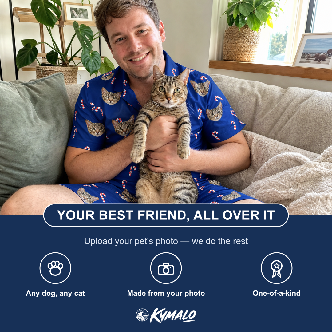 Friends in matching Men's Peppermint Pizzazz Custom Cat Face Shirt & Shorts Set — a group gift photo