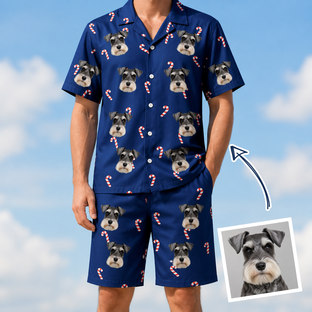 Man wearing Men's Peppermint Pizzazz Custom Dog Face Shirt & Shorts Set — custom faces printed all-over
