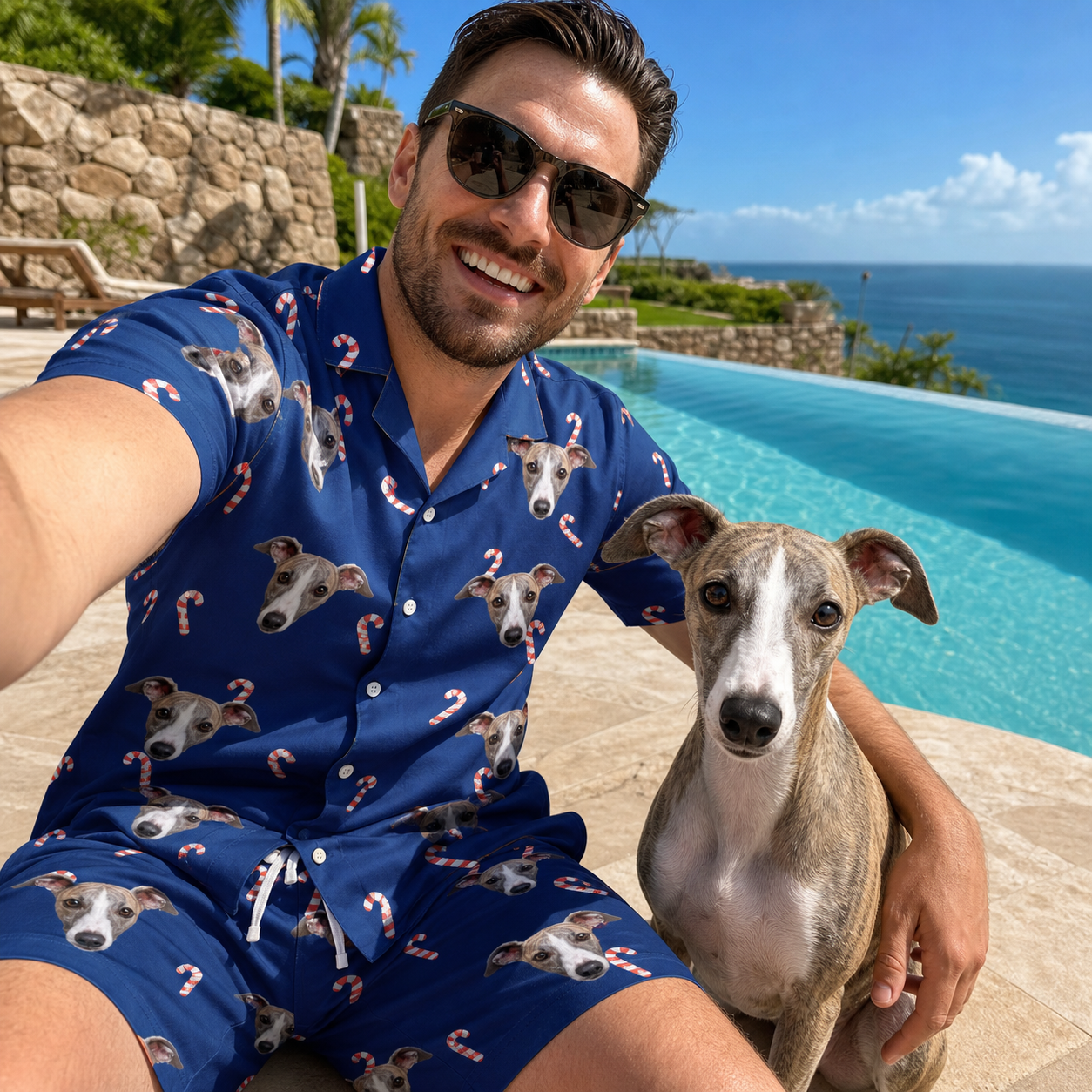 Selfie with the pet whose face is printed all over this Men's Peppermint Pizzazz Custom Dog Face Shirt & Shorts Set