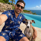 Selfie with the pet whose face is printed all over this Men's Peppermint Pizzazz Custom Dog Face Shirt & Shorts Set