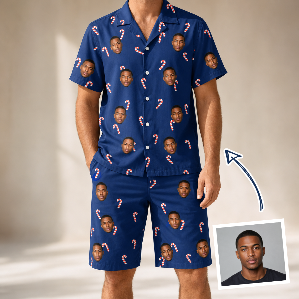 Man wearing Men's Peppermint Pizzazz Custom Face Shirt & Shorts Set — custom faces printed all-over