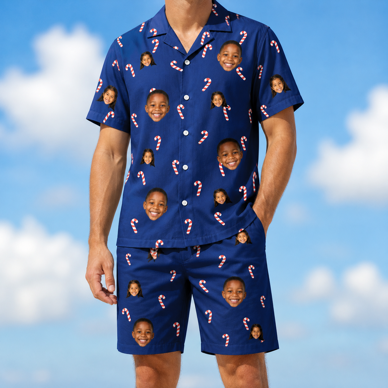 Model wearing Men's Peppermint Pizzazz Custom Face Shirt & Shorts Set printed with kids' faces