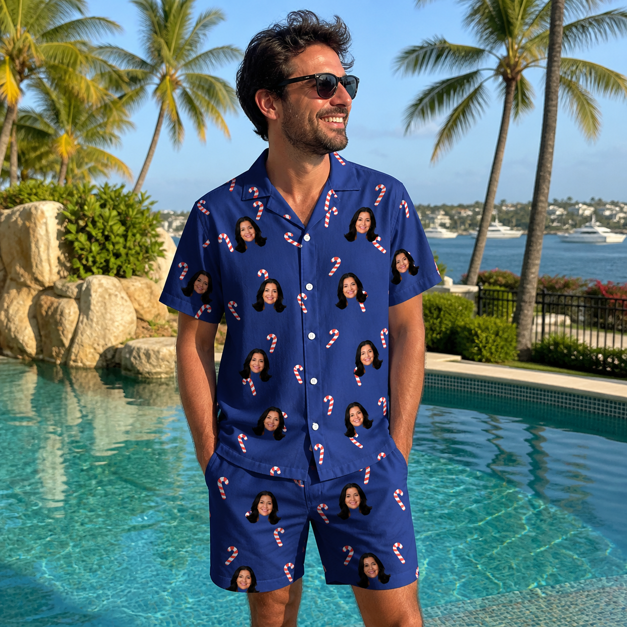 Real-life photo of someone wearing Men's Peppermint Pizzazz Custom Face Shirt & Shorts Set — custom faces printed all-over