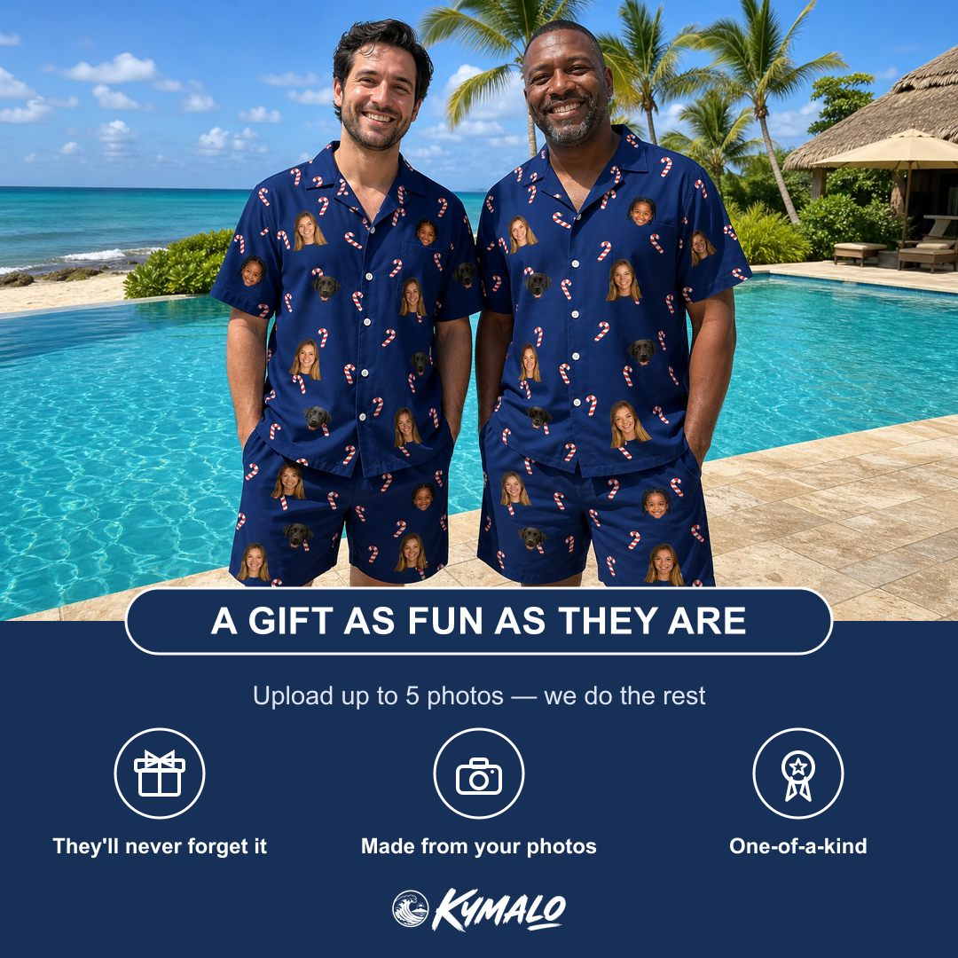 Friends in matching Men's Peppermint Pizzazz Custom Face Shirt & Shorts Set — a group gift photo