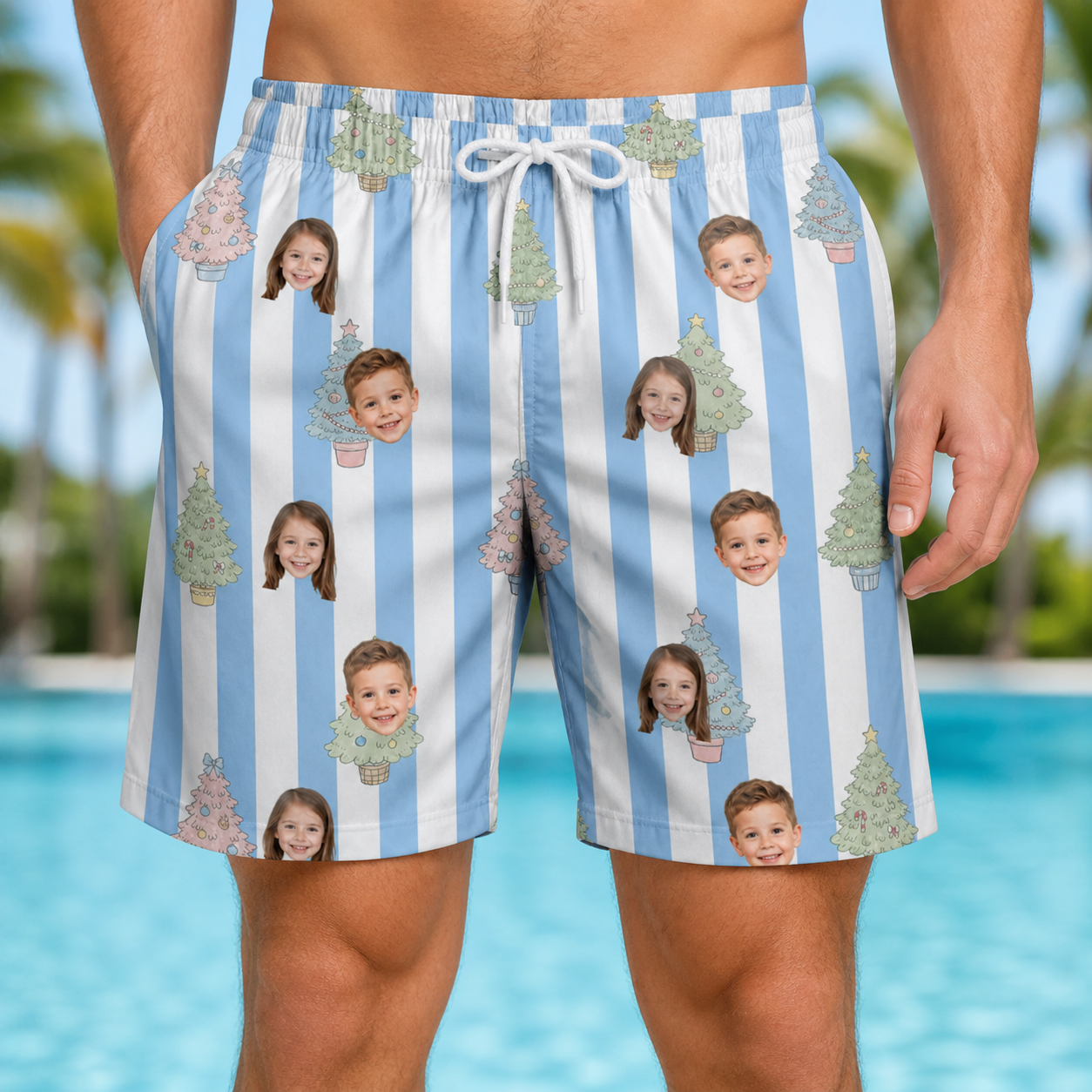 Model wearing Men's Bauble Ballet Custom Face Beach Shorts printed with kids' faces