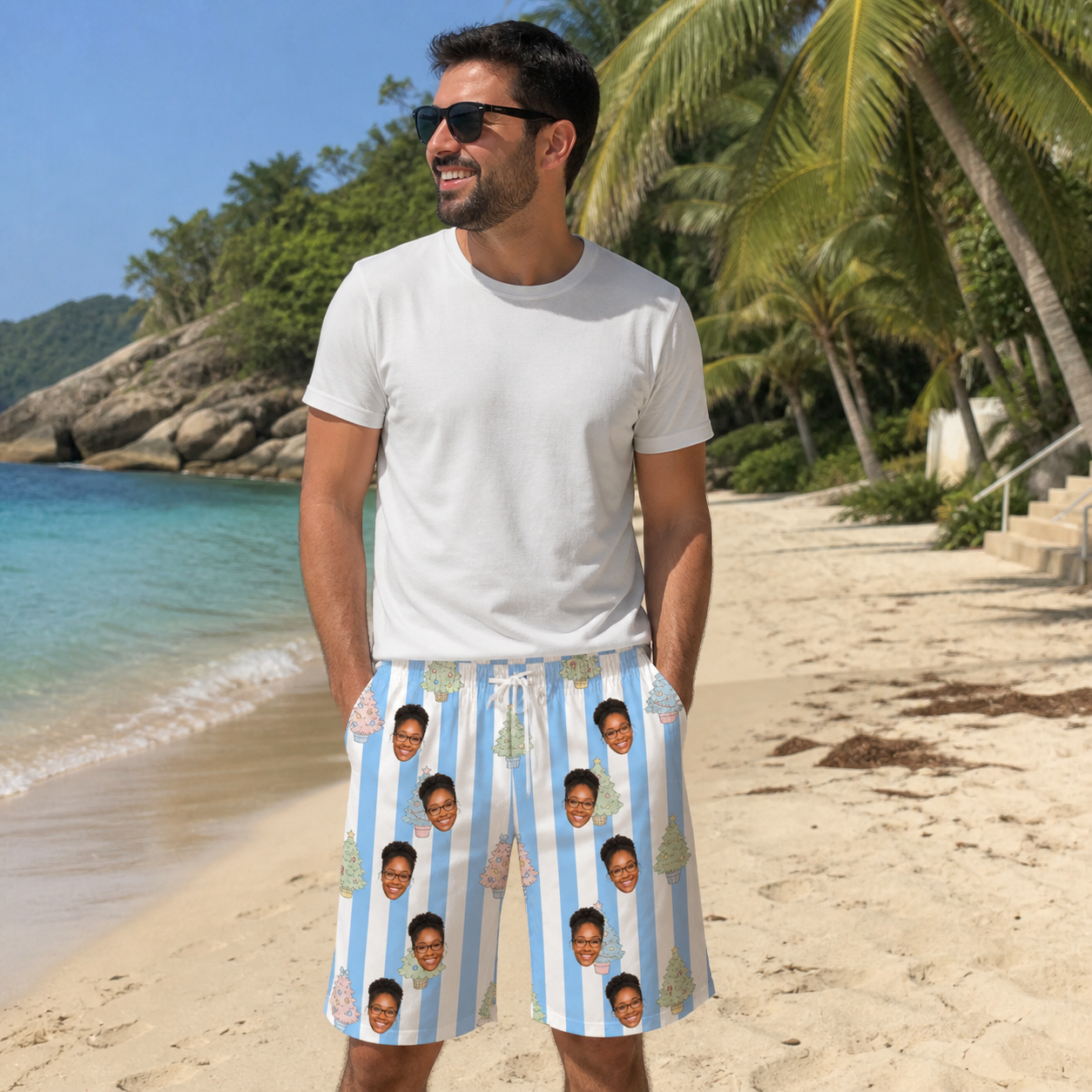 Real-life photo of someone wearing Men's Bauble Ballet Custom Face Beach Shorts — custom faces printed all-over