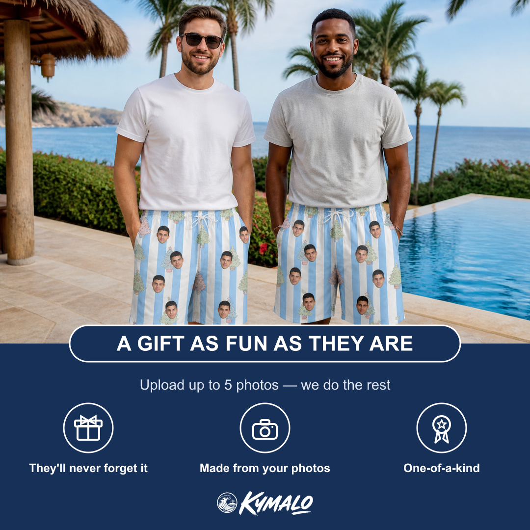 Friends in matching Men's Bauble Ballet Custom Face Beach Shorts — a group gift photo
