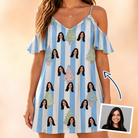 Woman wearing Women's Bauble Ballet Custom Face Off-Shoulder Dress — custom faces printed all-over