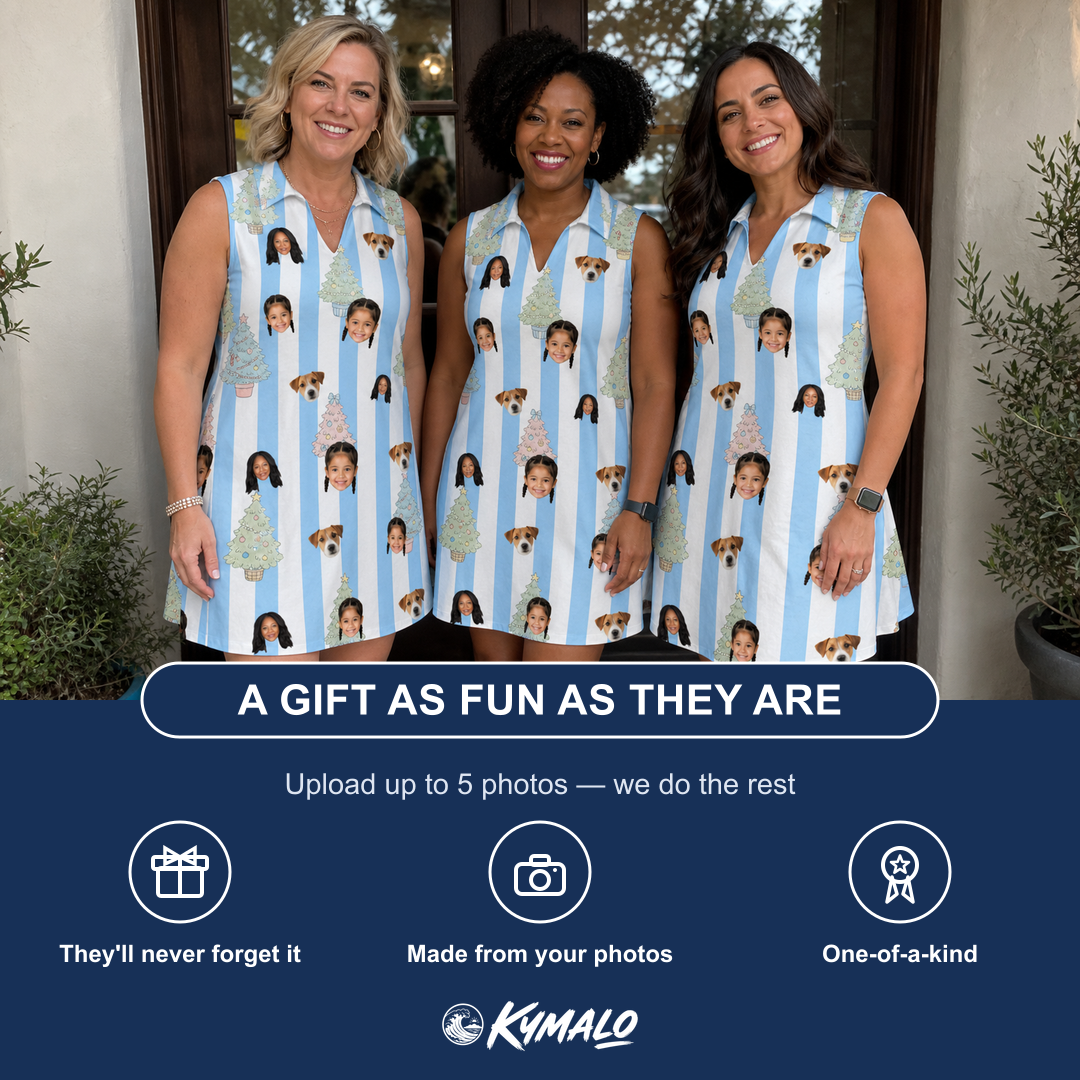 Friends in matching Women's Bauble Ballet Custom Face V-Neck Dress — a group gift photo