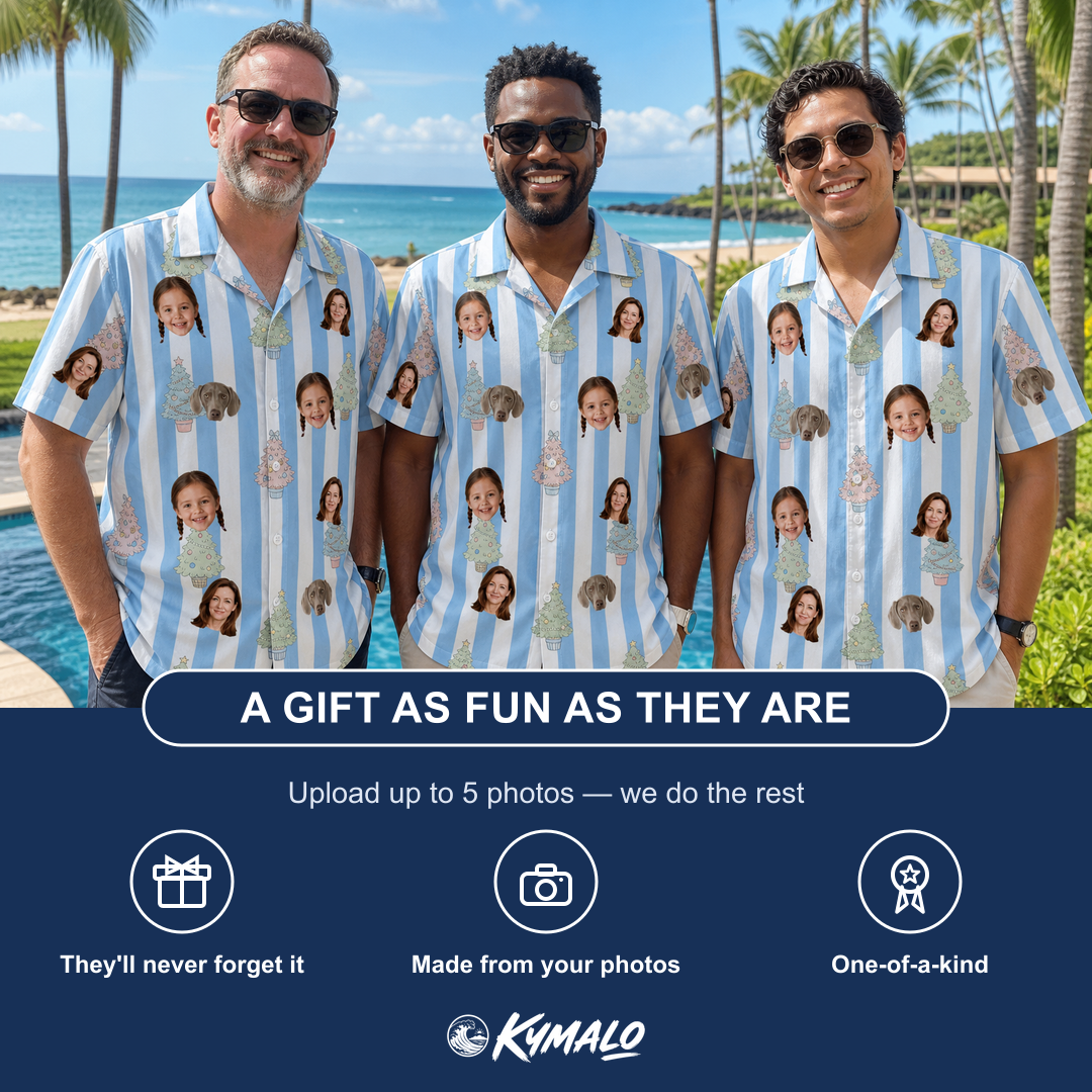 Friends in matching Men's Bauble Ballet Custom Face Hawaiian Shirt — a group gift photo